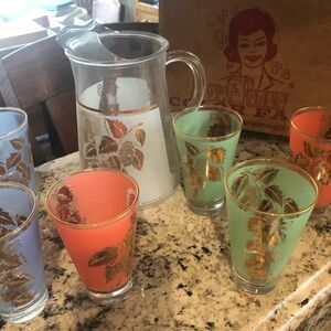 Vintage New Bartlett Collins Color Fare Multicolor Gold-Leaf  7 Piece Beverage
